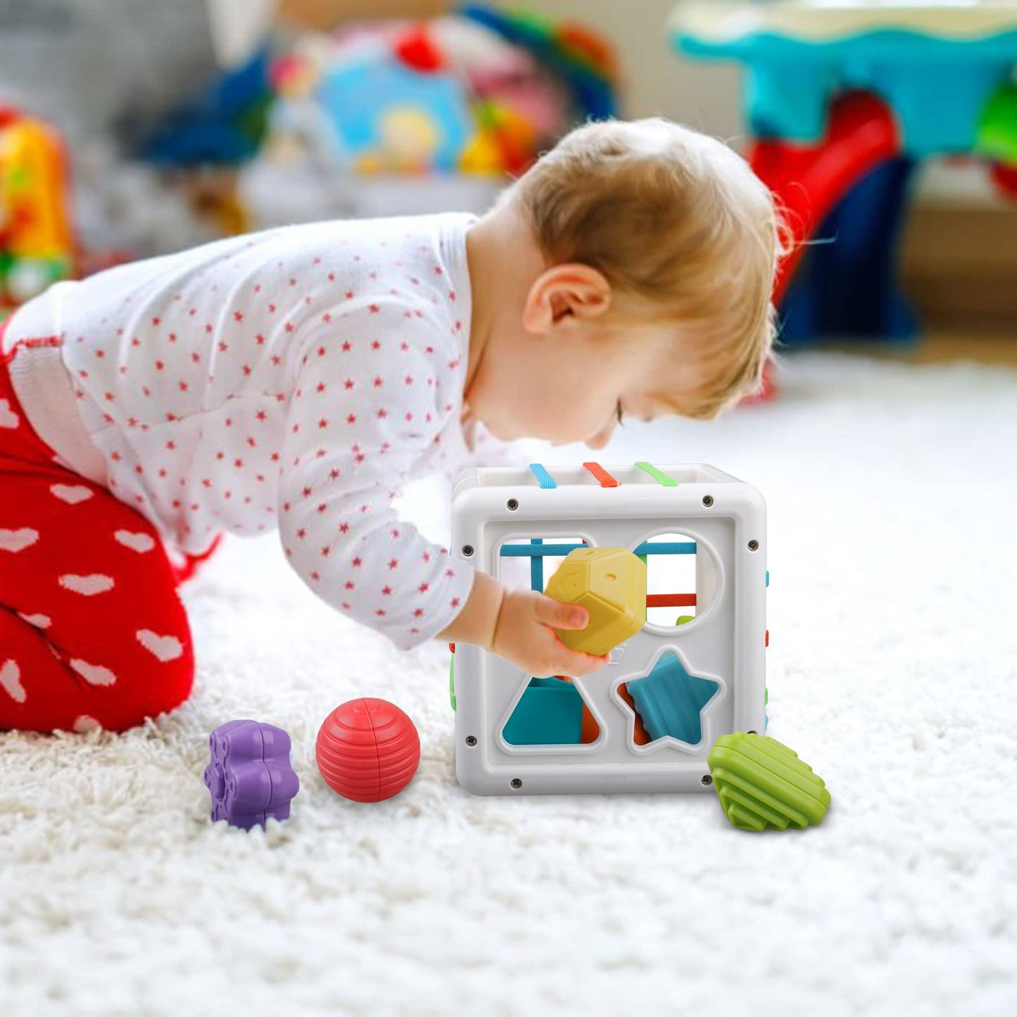 Baby Sensory Shape Sorter Blocks Toy, Activity Cube Bins, Montessori Educational Learning Fine Motor Skills Toys for Babies Todd