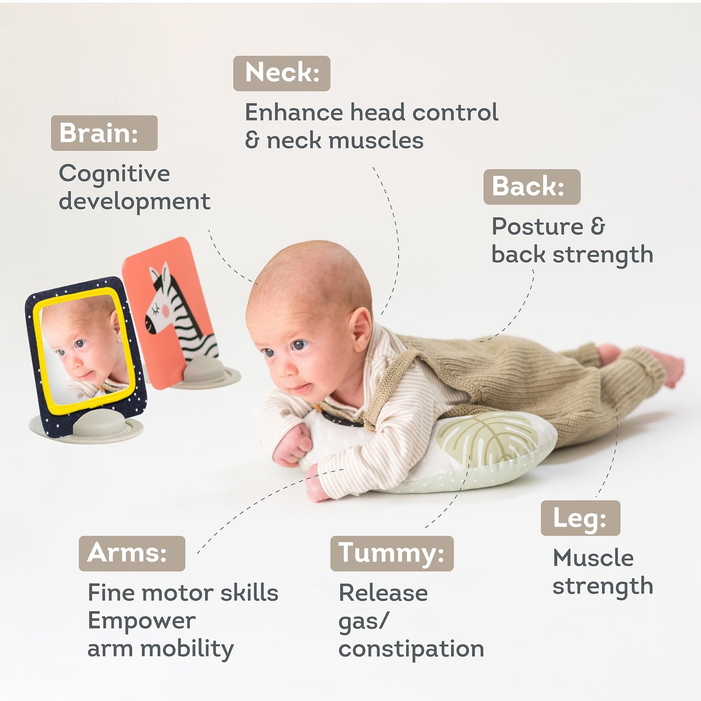 Taf Toys Tummy Time Set With Ergonomic Cushion, Double-Sided High Contrast Black & White Flash Cards & Mirror Card, Developmenta