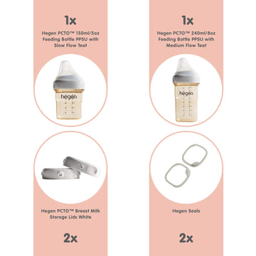 Hegen Newborn Baby Bottle Basic Starter Kit- Ppsu Bottle For Babies, Medium & Slow Teat- Breast Milk Storage Lids And Secure Sea