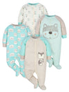 Gerber Baby Boys' 4 Pack Sleep 'N Play Footie, Aqua Fox, 0-3 Months