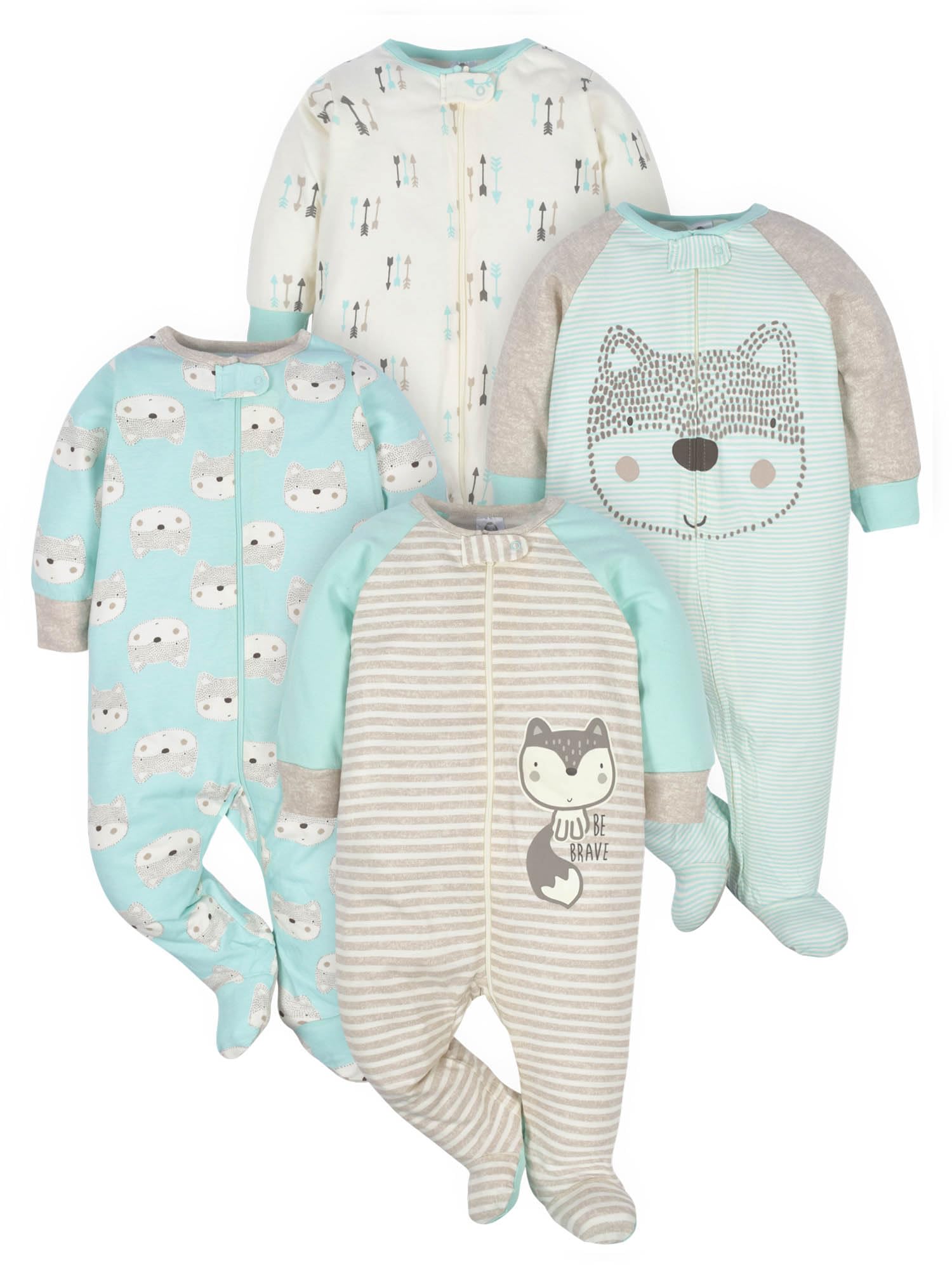Gerber Baby Boys' 4 Pack Sleep 'N Play Footie, Aqua Fox, 0-3 Months