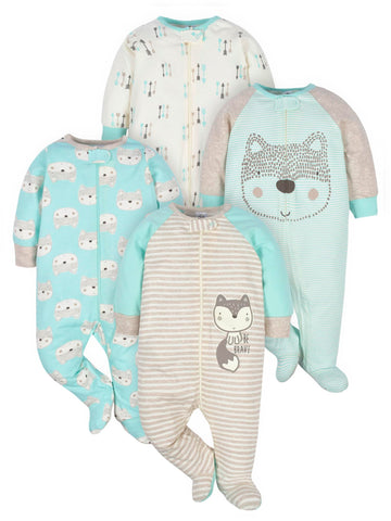 Gerber Baby Boys' 4 Pack Sleep 'N Play Footie, Aqua Fox, 0-3 Months
