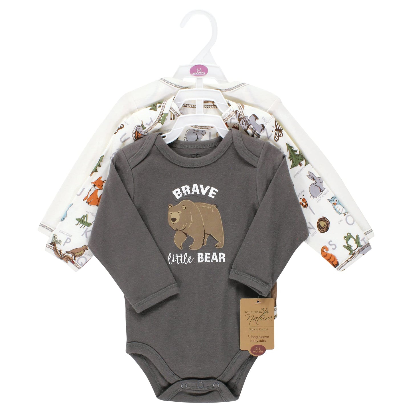Touched By Nature Unisex Baby Organic Cotton Long-Sleeve Bodysuits, Boy Woodland Alphabet, 18-24 Months
