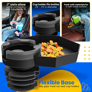 Kids Travel Tray - Large Base - Car Seat And Car Cup Holder Tray - Tray For Snacks, Entertainment, Toys - Includes Cup Holder -