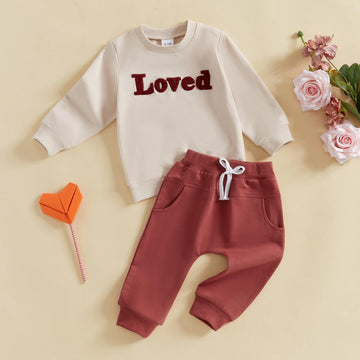 Gueuusu Toddler Baby Boy Girl Spring Fall Clothes Long Sleeve Loved Embroidery Sweatshirt Red Pants Set Valentines Day Outfit (R