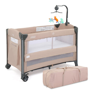JOYMOR Baby Bassinet, Pack and Play with Bassinet and Carry Bag, Convert to Bedside Sleeper with Wheels for Boys Girls (Beige)