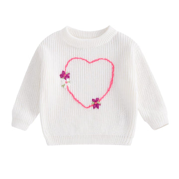 Nokpsedcb Baby Girl Cute Long Sleeve Heart Flowers Embroidery Oversized Sweater Toddler Valentine Outfit (White, 12-18 Months)