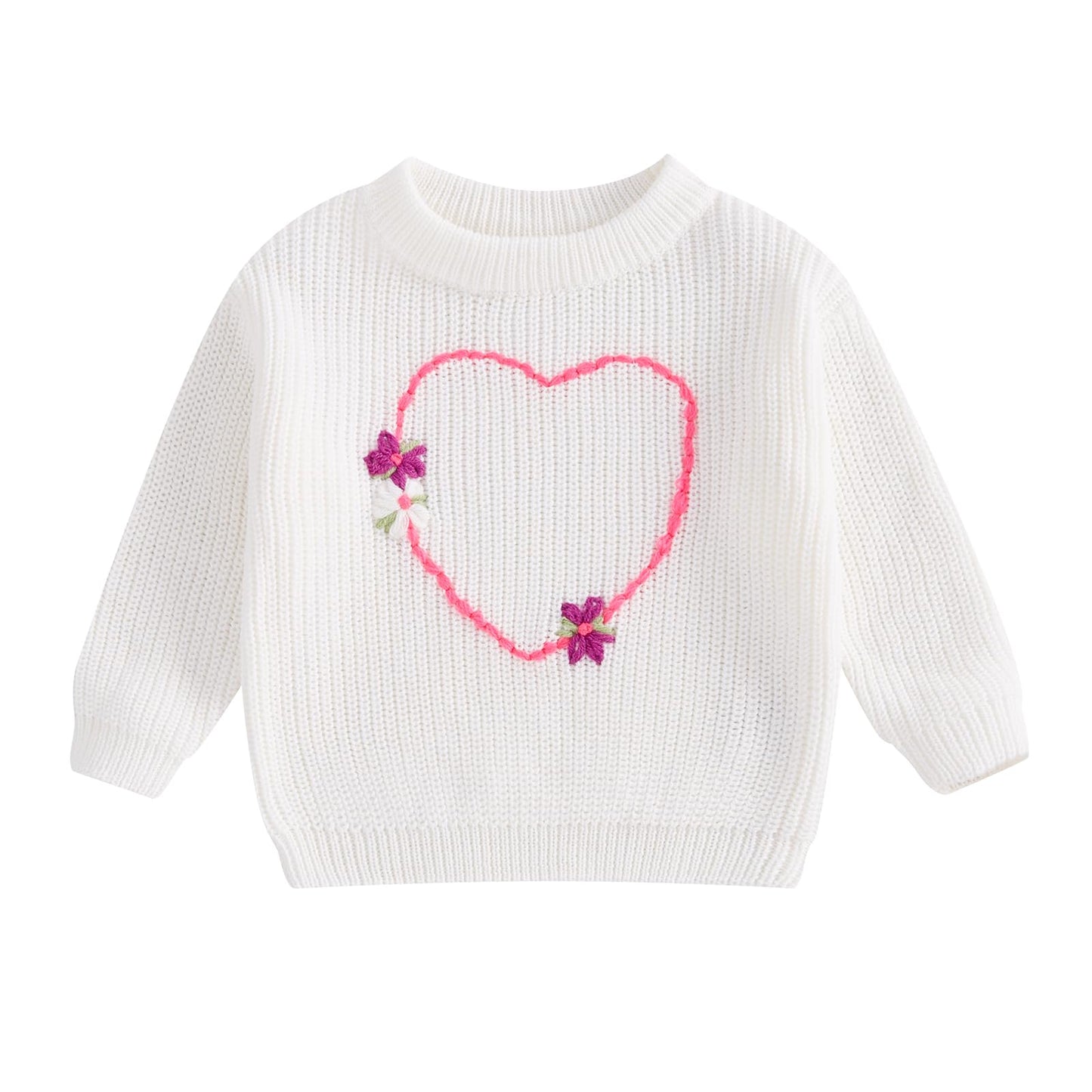 Nokpsedcb Baby Girl Cute Long Sleeve Heart Flowers Embroidery Oversized Sweater Toddler Valentine Outfit (White, 2-3 Years)