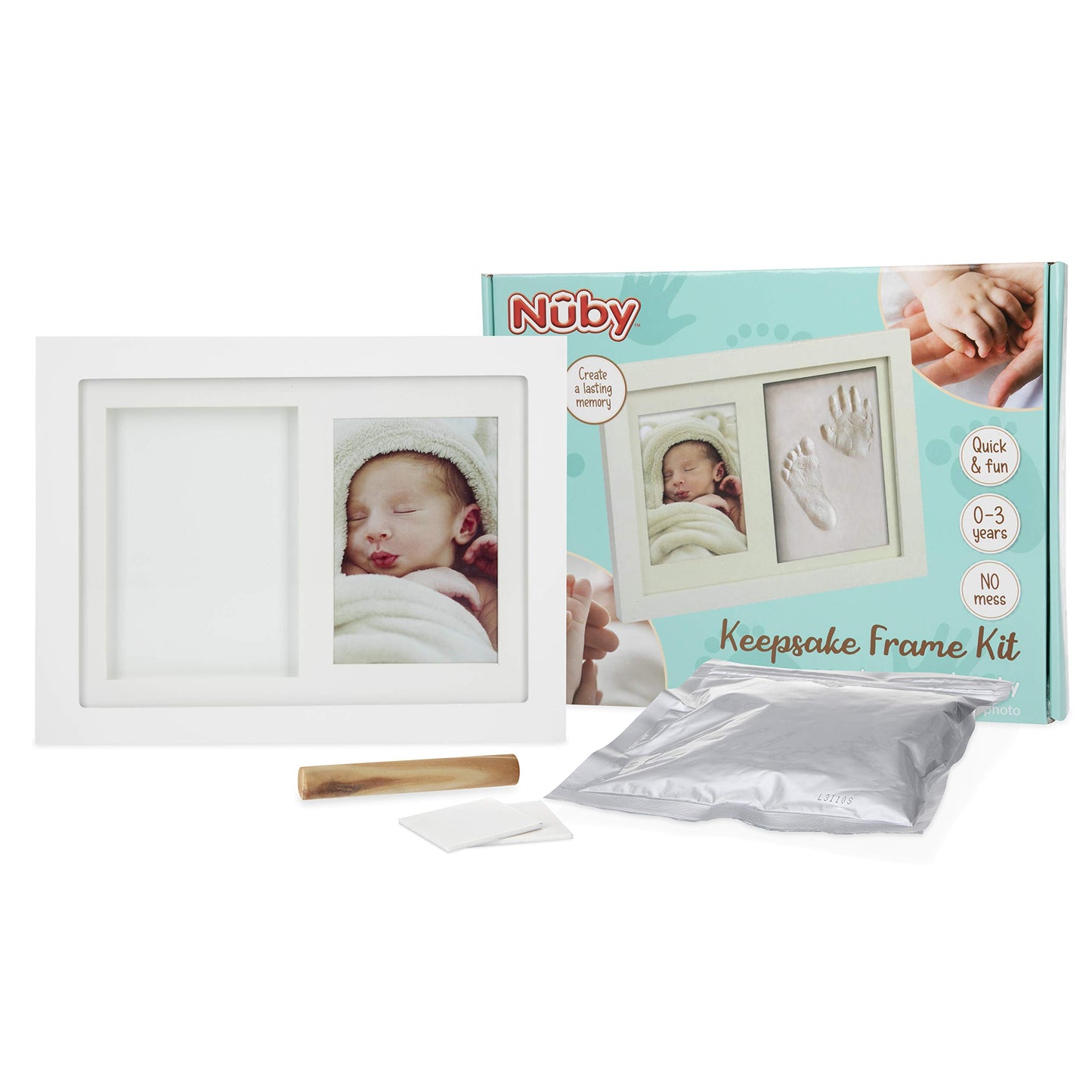 Nuby Baby Keepsake Classic White Wooden Wall Decor Frame That Holds One 3.5 X 5' Photo & 1 Clay Print Kit For Newborn Girls & B