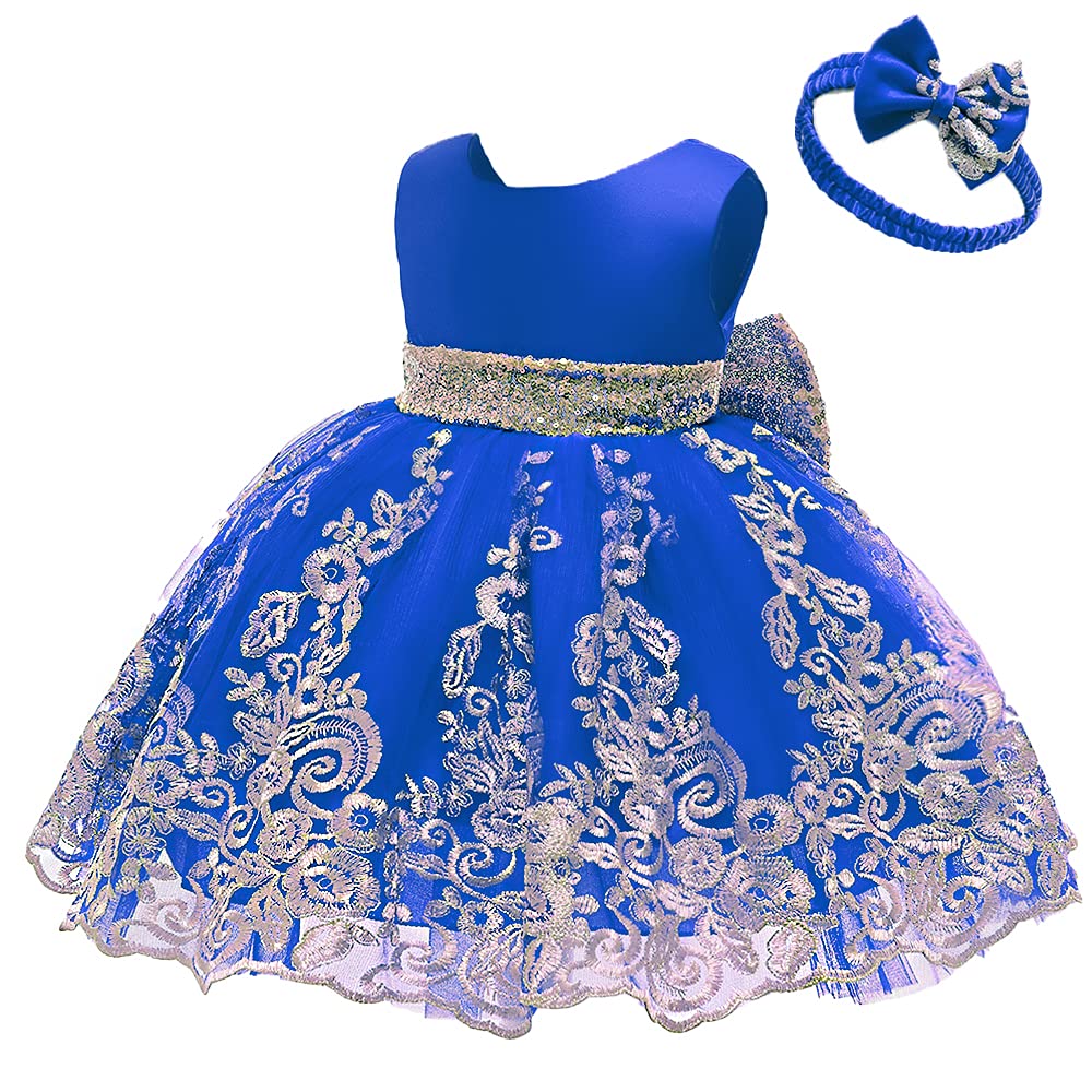 Baby Princess Girls Embroidery Dresses Toddler Lace Ruffles New Year Easter Tutu Dress With Headwear (Sapphire,80)