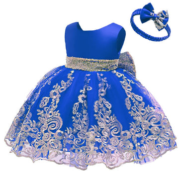 Cmmchaah Princess Girls Lace Embroidery Bow Toddler Dresses Cute Sleeveless New Year Prom Dresses For Baby (Sapphire,110)