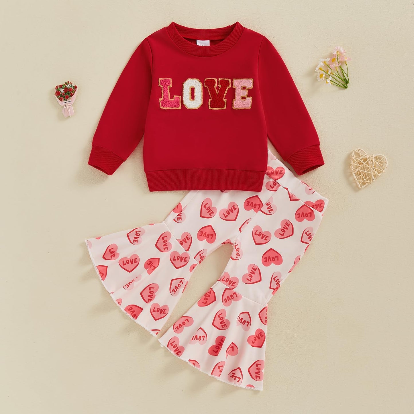 Yokjzjd Toddler Baby Girl Valentines Day Outfit Love Sweatshirt Long Sleeve T-Shirt Tops Bell Bottom Pants Set Fall Clothes (Red