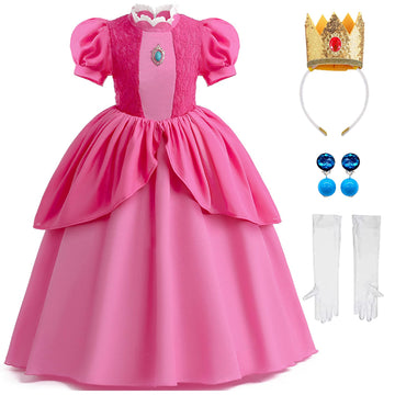 Tyhtym Princess Peach Costumes Little Girls Super Brothers Cosplay Dress Up Fancy Halloween Birthday With Crown Gloves (Hot Pink