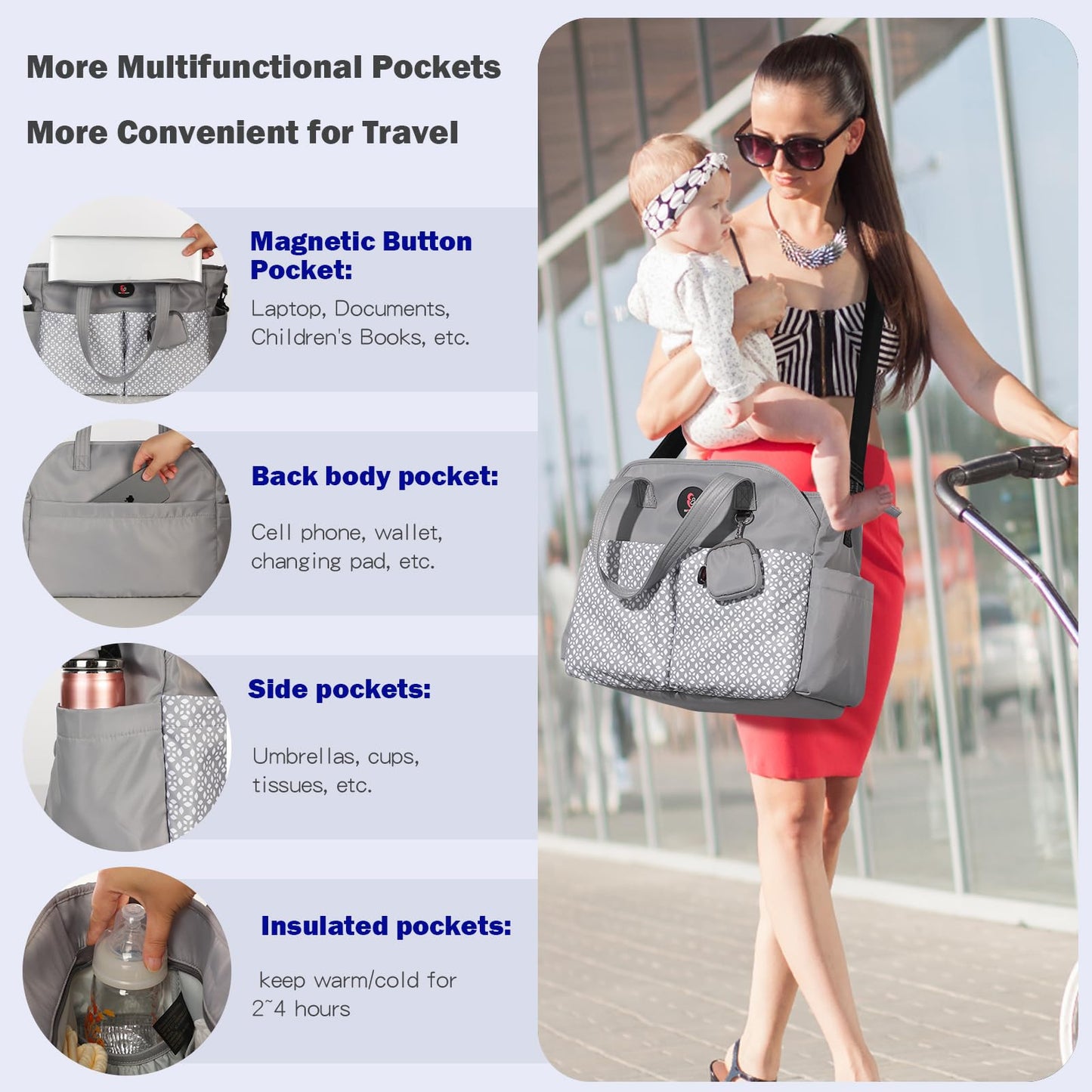 Supromomi Diaper Tote: Large Baby Bag For Boy Girl,Shoulder Mommy Bag Can Make Twins And 2 Kids Nappy Package Mom Hospital Use G