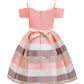 Nssmwttc Girls Off Shoulder Dress Kids Christmas Sunday Halloween Baptism Christening Striped Dresses (Pink,140)