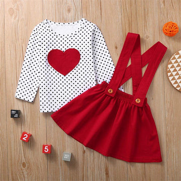 Toddler Baby Girls Valentine'S Day Outfits Long Sleeve Dot Heart Shirt Top Red Suspender Skirt Clothes Set(Red, 18-24M(80))