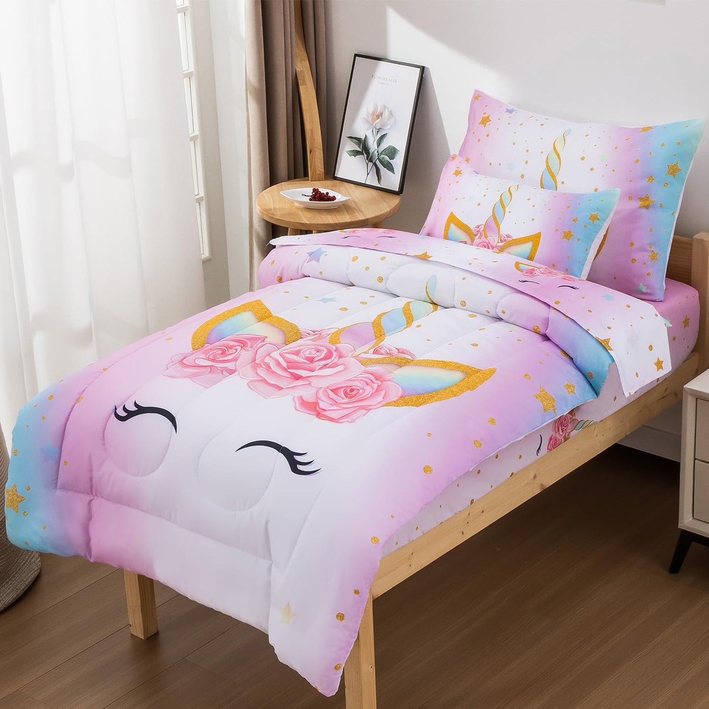 Jqinhome Toddler Comforter For Girls,5 Piece Bed In A Bag 3D Unicorn Theme Bedding Set With 2 Pillowcases,1 Flat Sheet,1 Fitted
