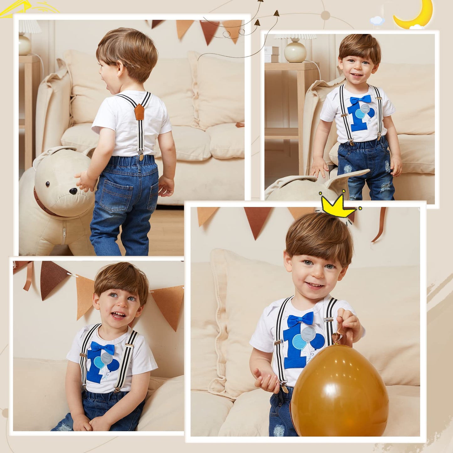 Pinleck Toddler Baby Boy Birthday Clothes Set Bowtie Romper Suspenders Ripped Denim Pants Outfits (Birthday Balloon-1Short, 18-2