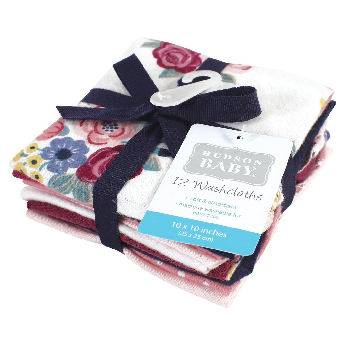 Hudson Baby Unisex Baby Flannel Washcloths, Blush Navy Floral 12Pk, One Size