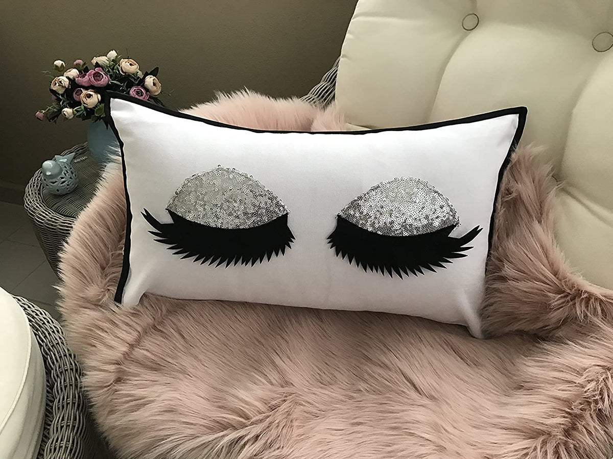 Purple Tree Polyester Blend Cute Silver Sequin Eyelash Pillow  12x18 Inches, Girly Cushion For Girls, Girl Room Decor