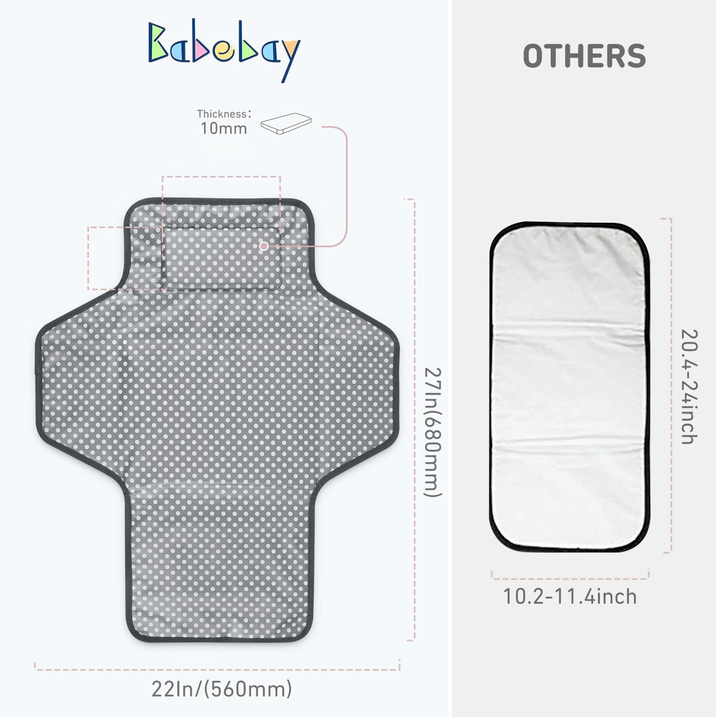 Babebay Waterproof Portable Diaper Changing Pad, Foldable Travel Changing Mat For Baby Girl Boy, Lightweight Travel Changing Sta