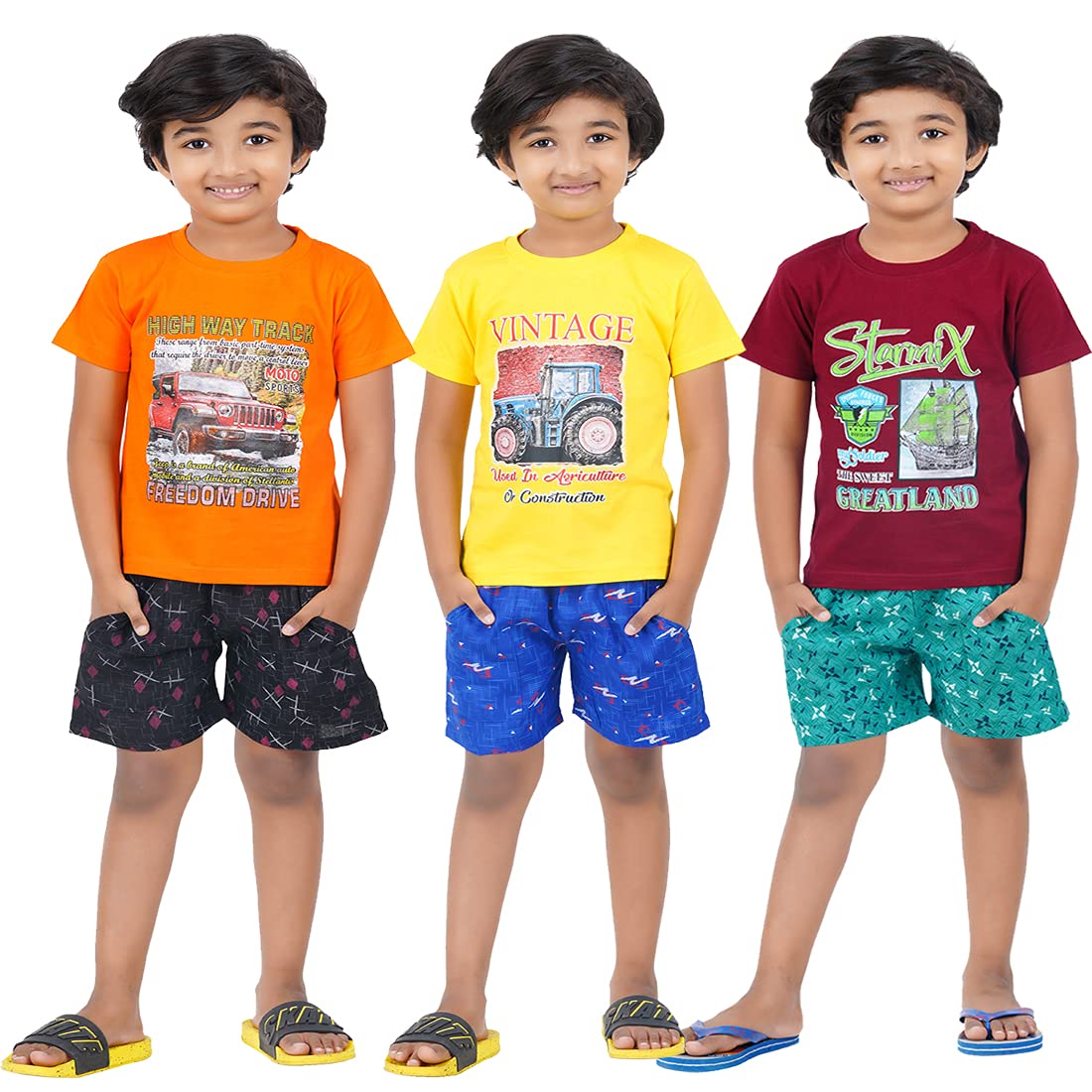 DELEDA Graphic Printed Nightwear Boys&Girls Set Pack of 3 (Orange,Yellow,Maroon, 34 Years)