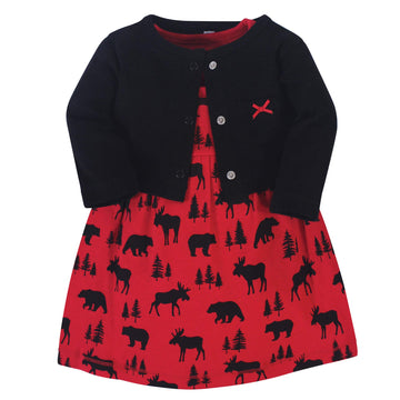 Hudson Baby Girls' Cotton Dress And Cardigan Set, Red Moose Bear, 9-12 Months