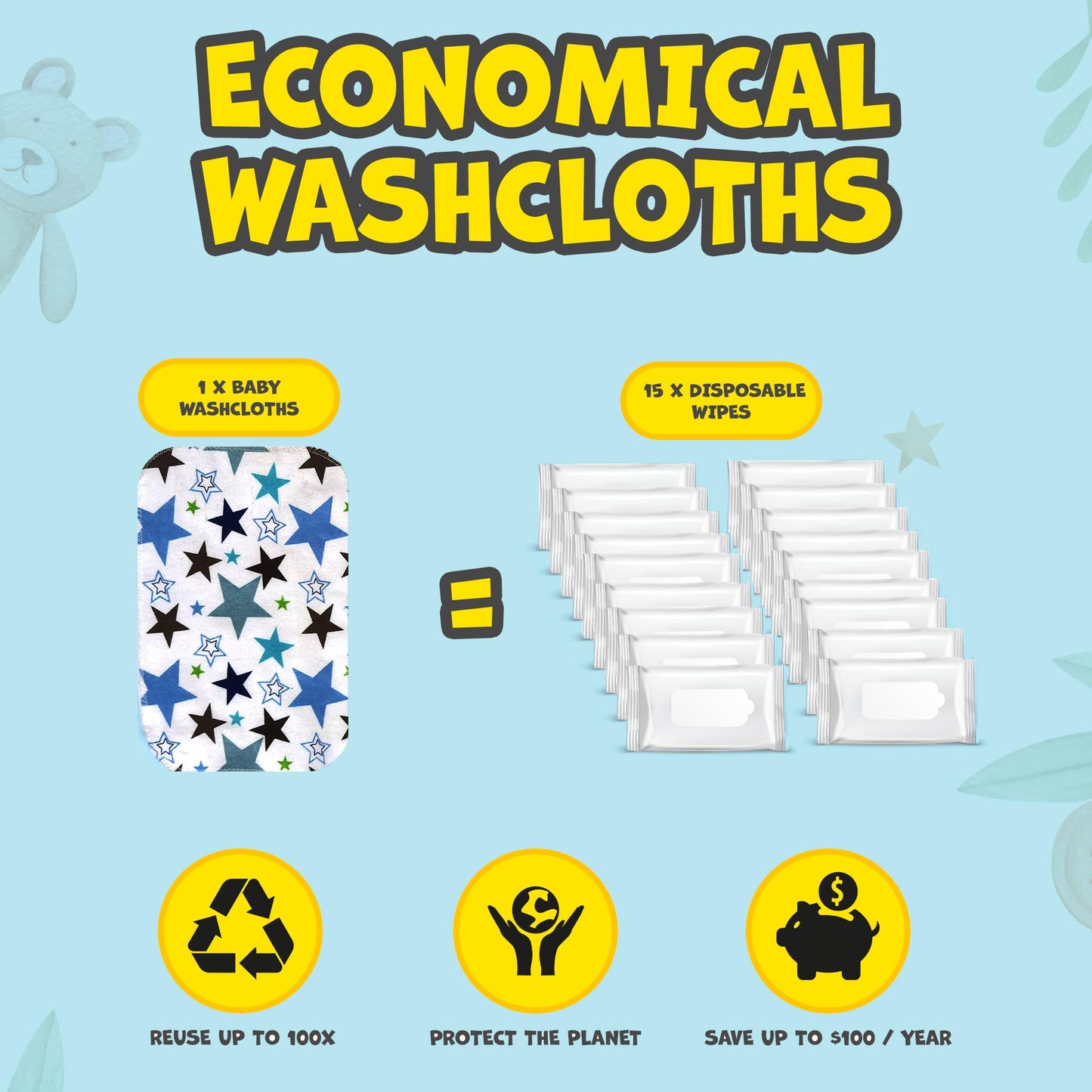 Baby Washcloth - 30 Pack Of Flannel Newborn Washcloths - 100% Cotton - Fun, Colorful Designs - Reusable - Washable - 7X10 Inch I
