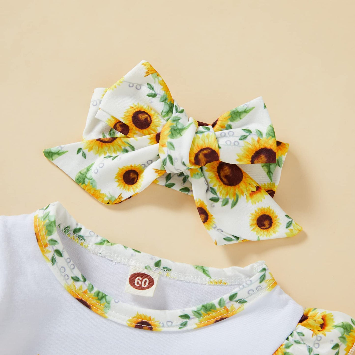 Grnshts Newborn Baby Girl Romper Infant Letter Print Bodysuit Sunflower Jumpsuit+Hat+Headband+Gloves Coming Home Clothes Outfits