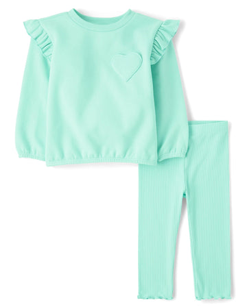 The Children'S Place,Baby Girls,And Toddler Long Sleeve Active Shirt And Pant, 2 Piece Outfit,Mint Heart,4 Years