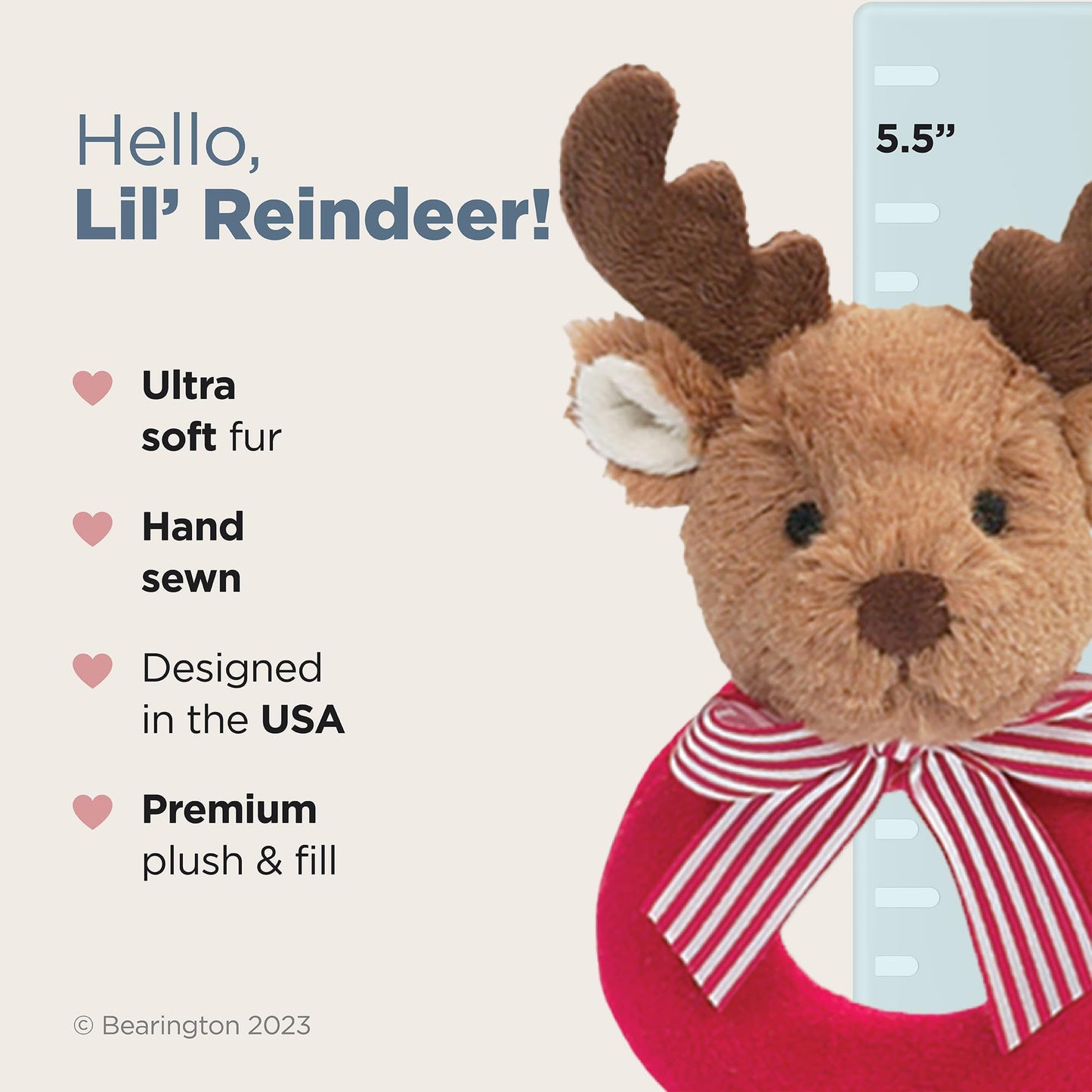 Bearington Baby Lil Reindeer Christmas, 5.5 Inch Christmas Reindeer Plush Stuffed Animal, Soft Baby Rattles and Plush Rings, for