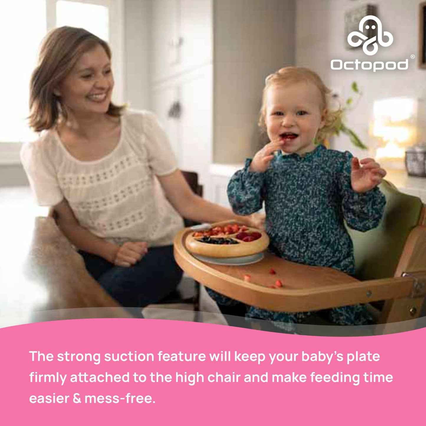 Abiie Octopod Bamboo Dish - Kids Plates For 4 Months And Up, 3-Compartment Baby Plates With Suction, Triangle Bamboo Baby Plate,