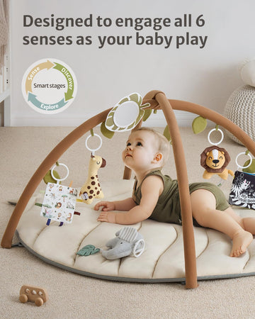 Blissful Diary Baby Play Gym & Activity Mat, Leaf Shaped Baby Play Mat With 6 Detachable Toys, Tummy Time Mat Promote Motor Skil