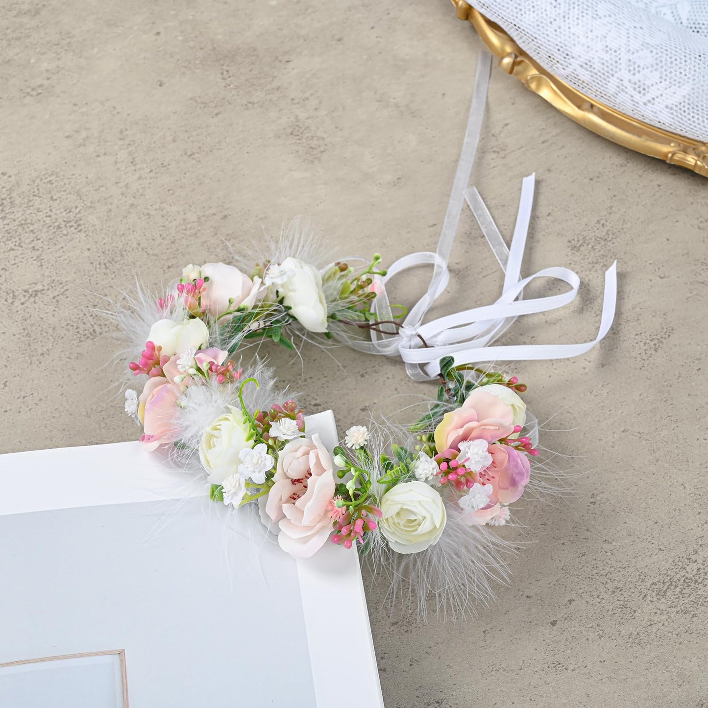 Funsveta Baby Girls Flower Crown Flower Girl Headpiece boho Little Wreaths for Weddings, Family photography (Pink White)
