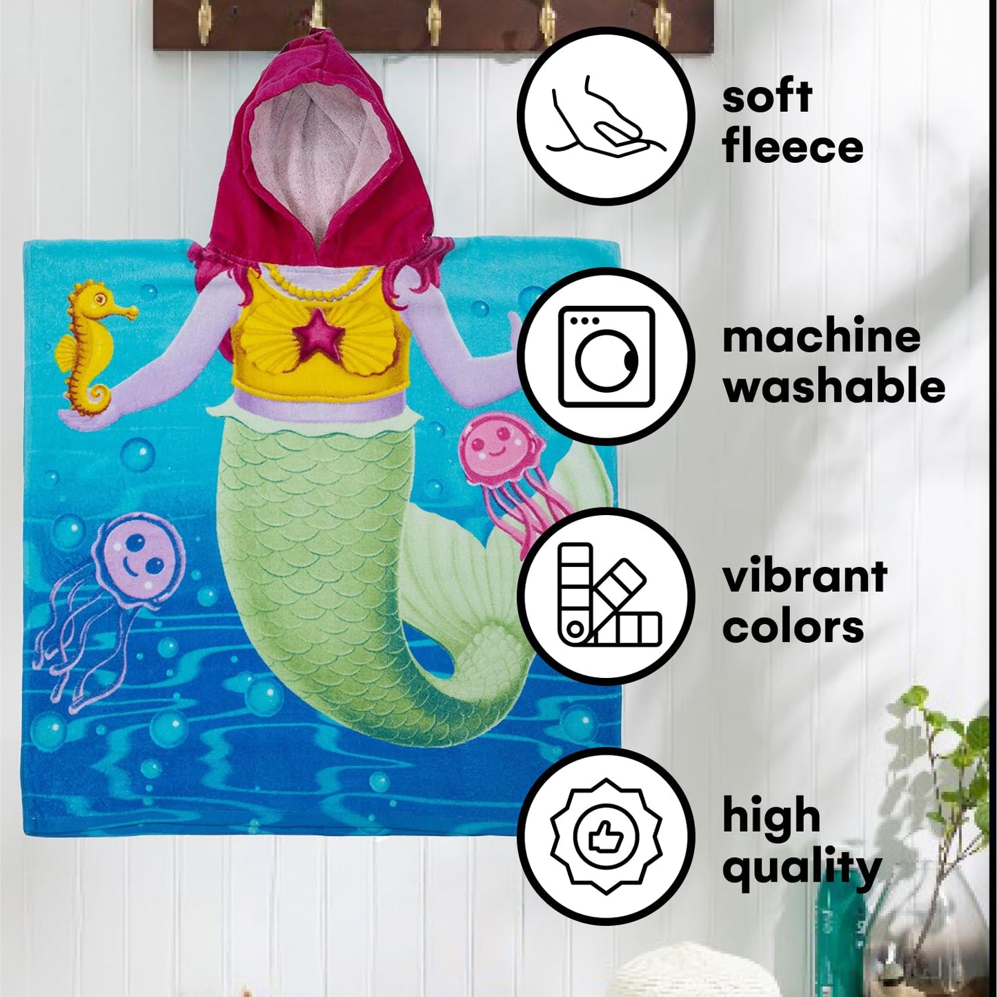 Dawhud Direct Poncho Beach Towels For Kids Towels With Hood, Hooded Bath Towel For , Baby, Toddler Towels For Girls/Boys (Mermai
