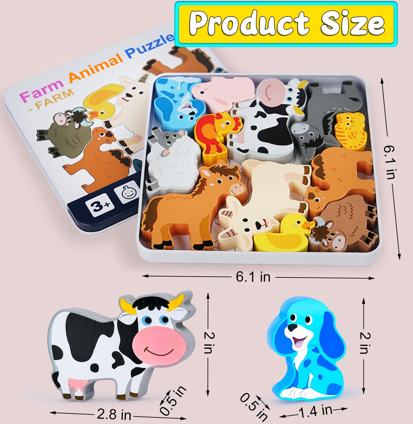 Wooden Animal Puzzles Toys for Toddlers,24 Pcs Farm and Safari Animal Figures,Animal Matching Sorting Stacking Toys for Boys Chi