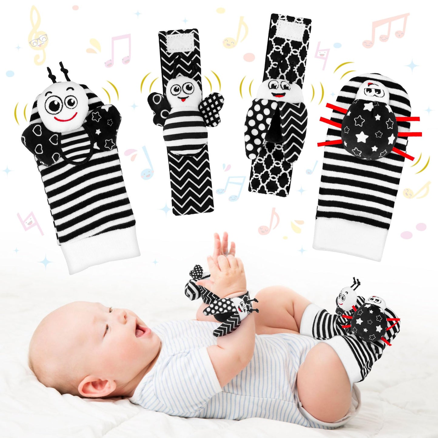 Baby Toys 0-6 Months, 4PCS Foot Finders & Wrist Rattles for Infants Toys Black and White Sensory Toys Baby Essentials for Newbor