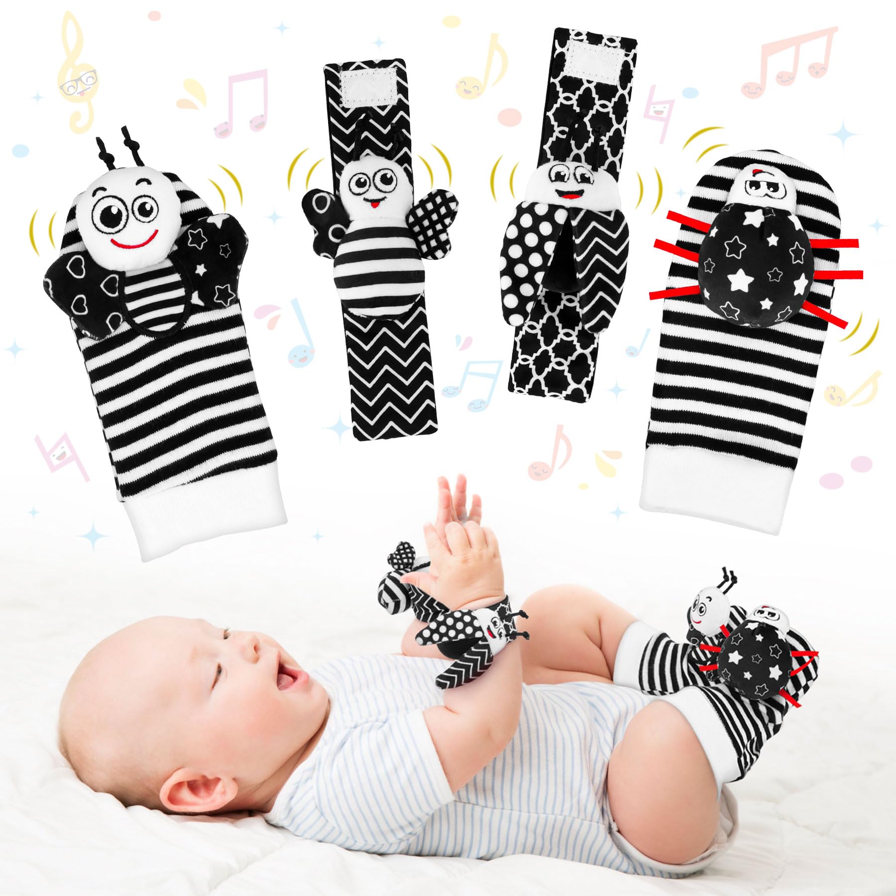 Baby Toys 0-6 Months, 4PCS Foot Finders & Wrist Rattles for Infants Toys Black and White Sensory Toys Baby Essentials for Newbor