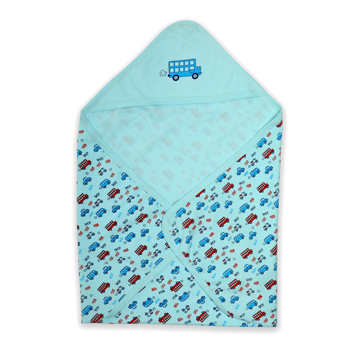 Luvlap Soft 100% Cotton Hooded Wrapper Cum Warm, Blanket, For New Born Baby To 3 Year Old, 75Cmx75Cm, Bus Print (Sky Blue)(Light