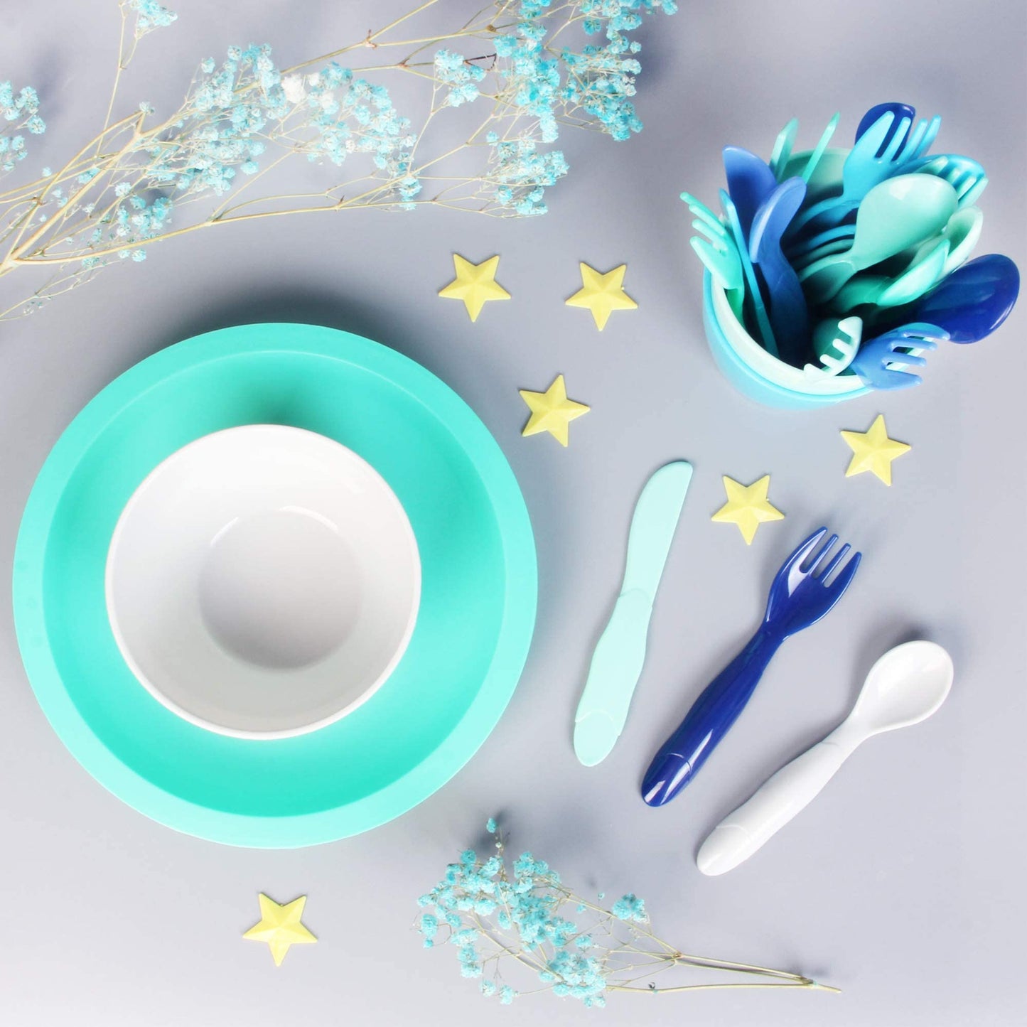 Youngever 54 Pcs Plastic Kids Dinnerware Set Of 9 In 9 Coastal Colors, Toddler Dining Set, Cups, Kids Plates, Kids Bowls, Flatwa