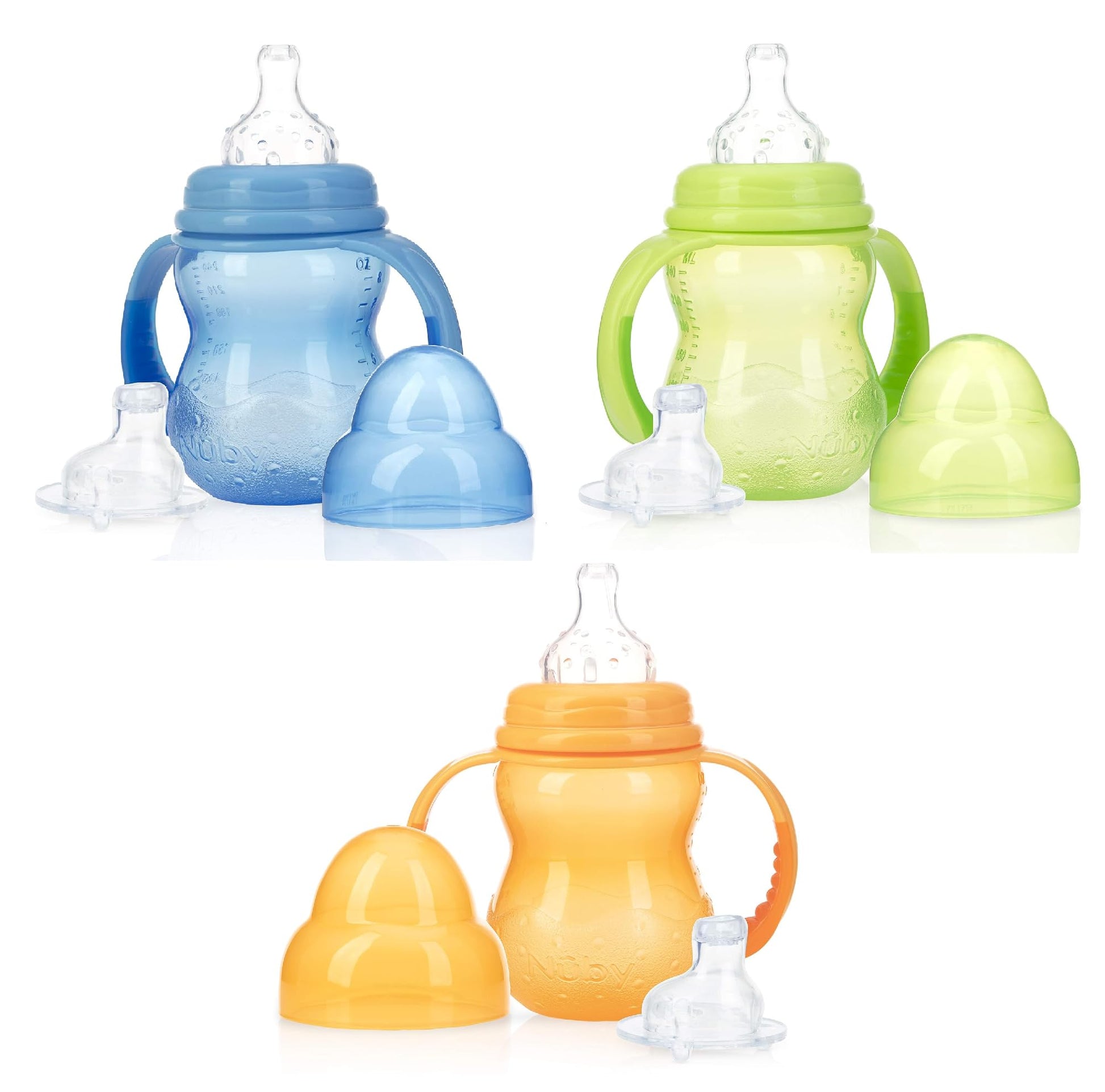 Nuby 3-Stage Wide Neck No Spill Bottle With Handles And Non-Drip Juice Spout, 3 Months, 8 Ounce, 3 Count, (Blue/Green/Orange)