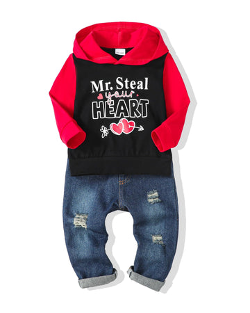 Nzrvaws Baby Boy Clothes 4T Toddler Boy Outfits Valentines Day Hoodie Shirt Ripped Jeans Clothing Infant