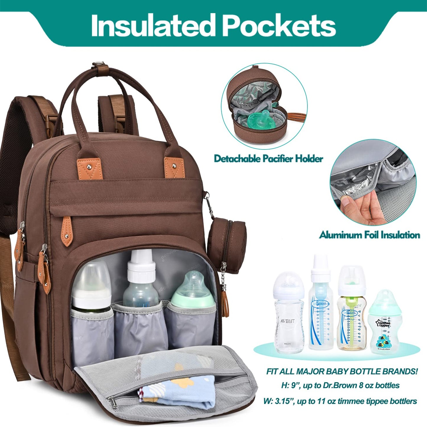 Babbleroo Diaper Bag Backpack, Changing Bags Multifunction Waterproof Travel Back Pack With Stroller Straps & Pacifier Case (Bro