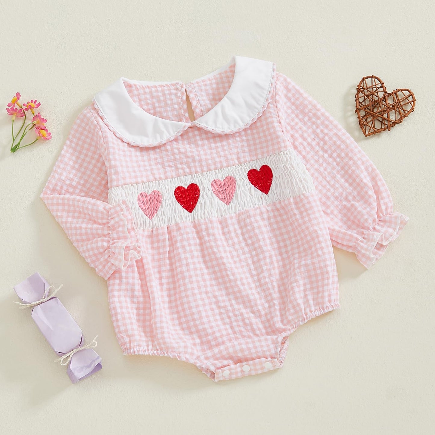 Mlpeerw My First Valentines Day Baby Girl Outfit Newborn Heart Smocked Bubble Romper Bodysuit Cute Valentines Day Clothes (B Val