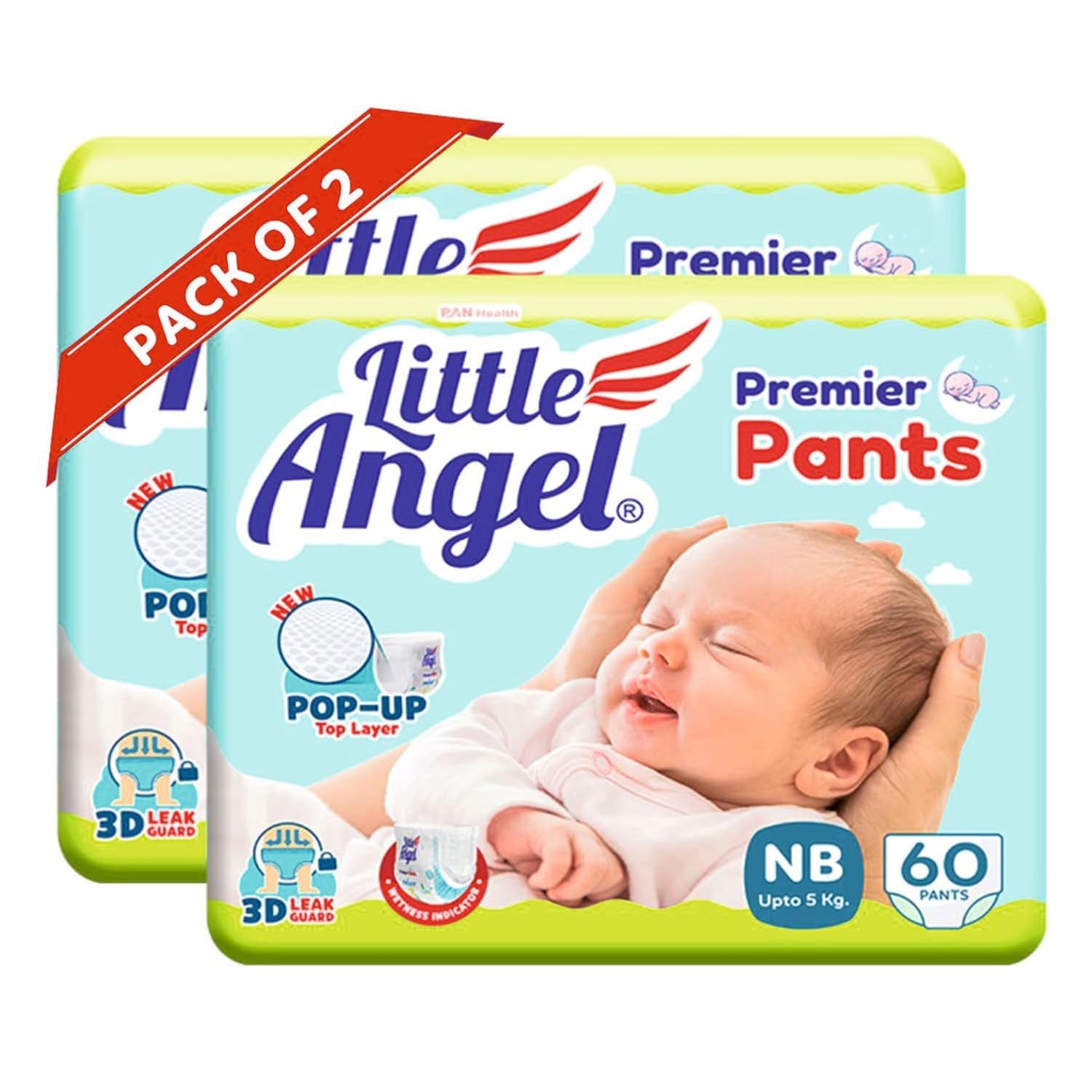 Little Angel Premier Pants Baby Diaper, New Born (Nb/Xs) Size, 120 Count, Cottony Soft Material, Wetness Indicator, Breathable L