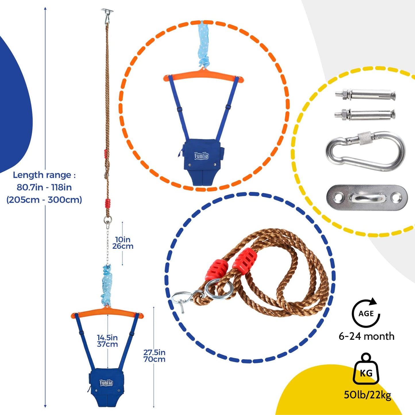 Funlio Baby Jumper With A Ceiling Hook For 6-24 Months, Baby Door Jumper For Indoor/Outdoor Play, Infant Jumper Doorway With Adj