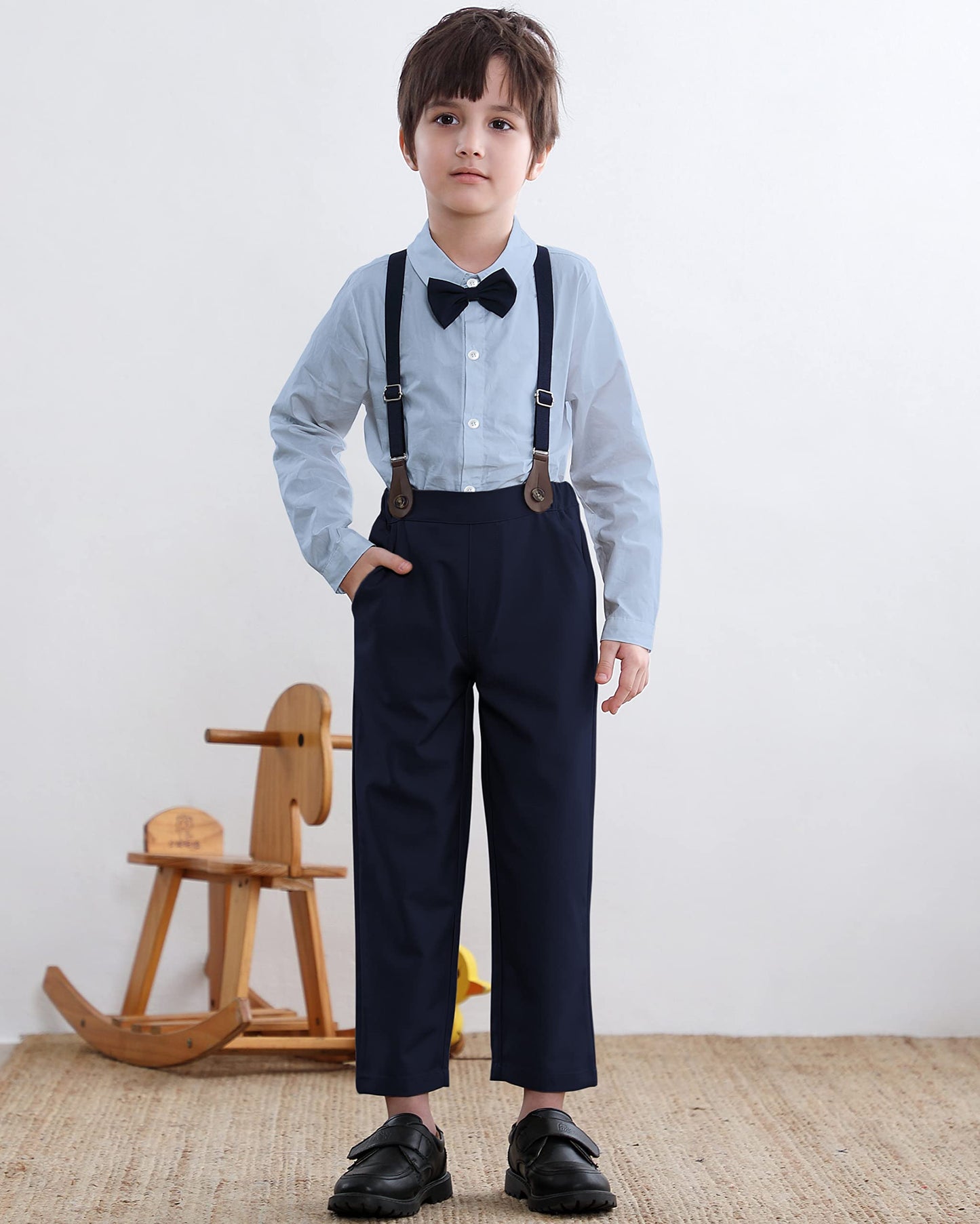Baby Boys Dress Clothes, Toddlers Boys Long Sleeves Button Down Plaid Dress Shirt With Bowtie + Suspender Pants Set Wedding Outf