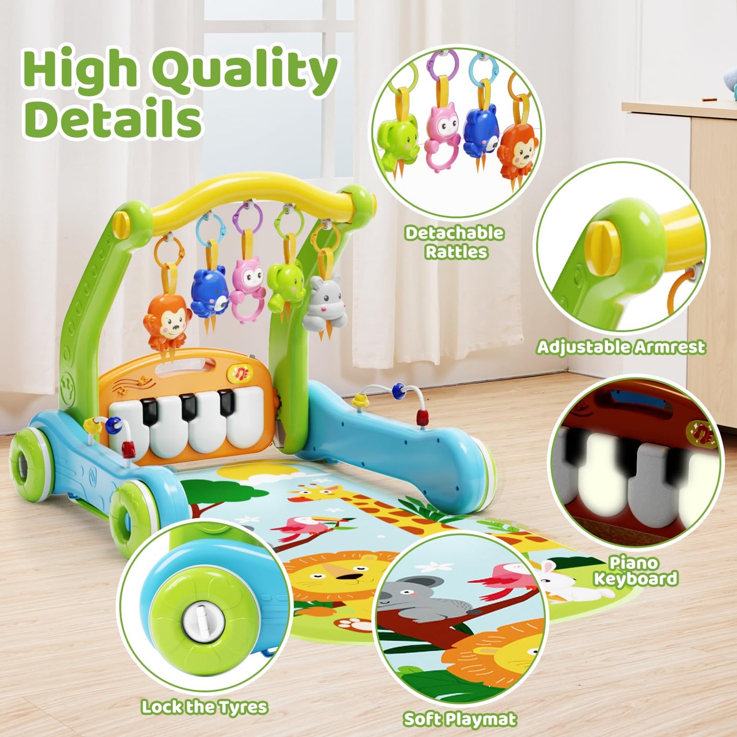 Baby Gym Play Mat With Walker, 2 In 1 Kick And Play Piano Activity Center With Light & Music, Tummy Time Mat & Baby Push Toys Fo