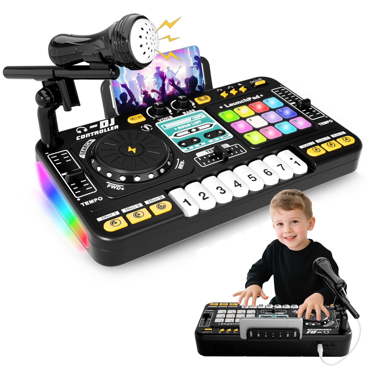Wdebay Kids DJ Mixer Table Toy with Turntable&Piano Keys, Musical Equipment Baby DJ Table for Toddlers with Lights, Sound Effect