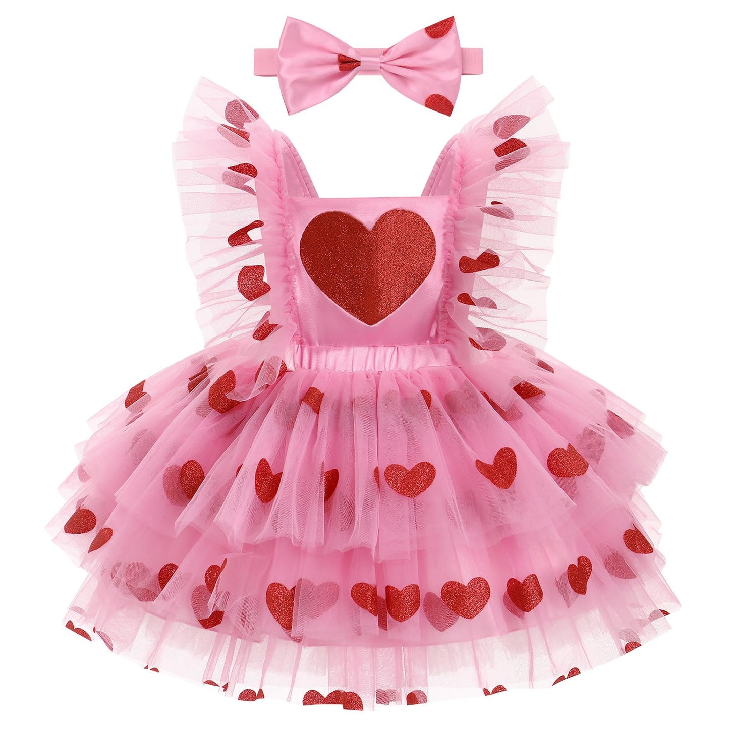 Idopip First Valentine'S Day Baby Girl Outfit Sequin Heart Tutu Dress Ruffle Sleeveless Princess Birthday Party Dresses Toddler